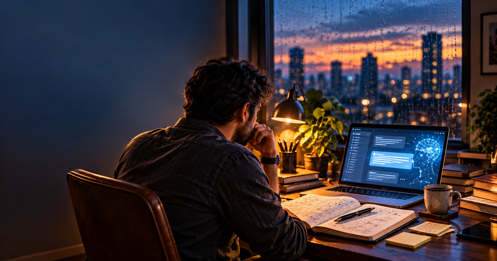 Man seated at a wart desk at night, focused on a laptop showing a neural/brain graphic, with notebook, plants and coffee mug nearby as city lights glow outside the window.